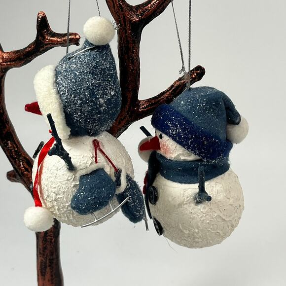 Rustic Christmas Snowman Ornaments Pair Blue White Tree Holiday Cabincore Skate - Picture 2 of 7